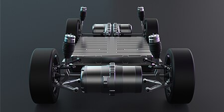 EV Battery chassis on dark gray background.
