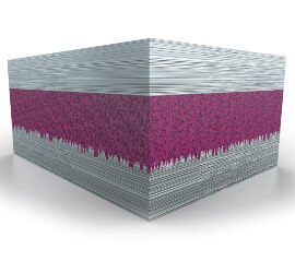 Graphic of an adhesive between two substrates and filling in miniscule gaps at the surface of one to show mechanical adhesion