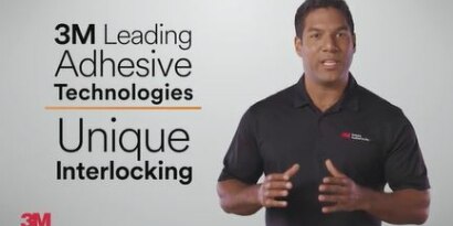 Video still of a man talking to the camera with text 3M Leading Adhesive Technologies-Unique Interlocking

