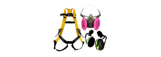 A yellow fall protection harness, a half-mask reusable respirator, and earmuffs.
