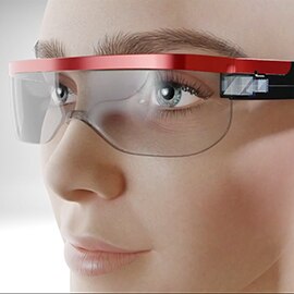 Woman wearing an augmented reality (AR) headset looking into the distance.