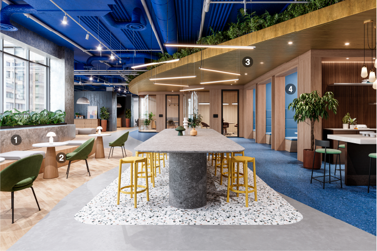 Modern coworking space renovated with bold colors and natural architectural finishes
