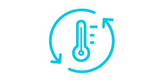 Icon of a temperature gauge and two arrows circling around the gauge, the icon is a teal line illustration with a white background.
