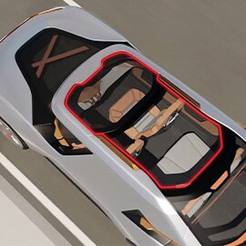 Birds eye view of 3M adhesive highlighted in red, showing the bonding of a moon roof to various material types.