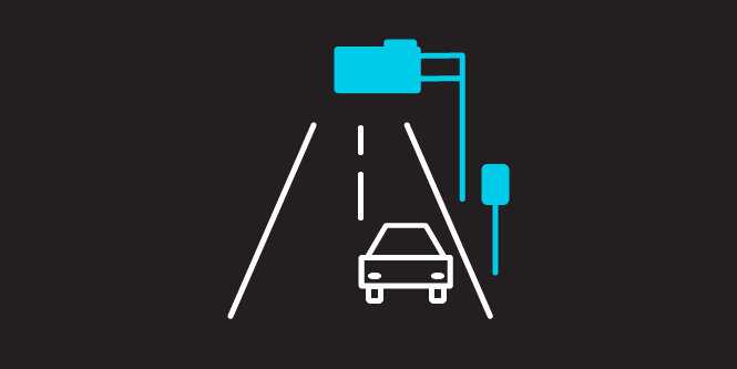 Illustration showing sign visibility from long range to drivers on the road.
